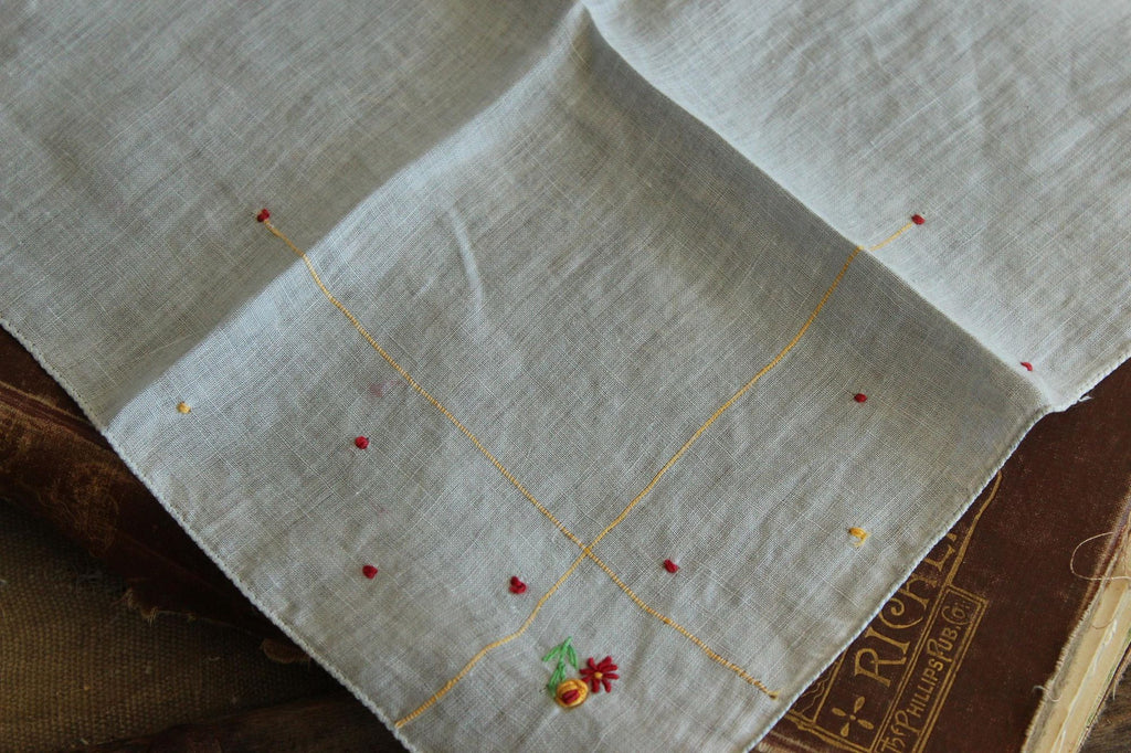 Vintage 1940s 1950s Blue Linen Handkerchief with Embroidered Flowers