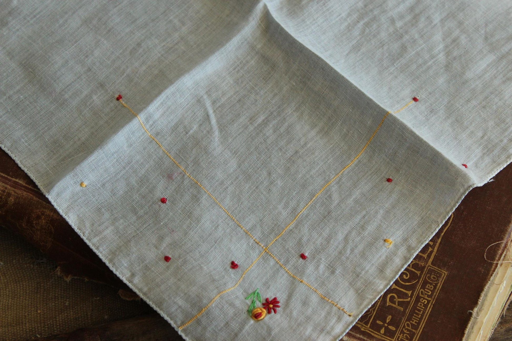 Vintage 1940s 1950s Blue Linen Handkerchief with Embroidered Flowers