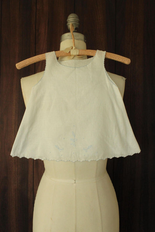 Vintage 1950s Baby Girls White Linen Dress with Blue Embroidery