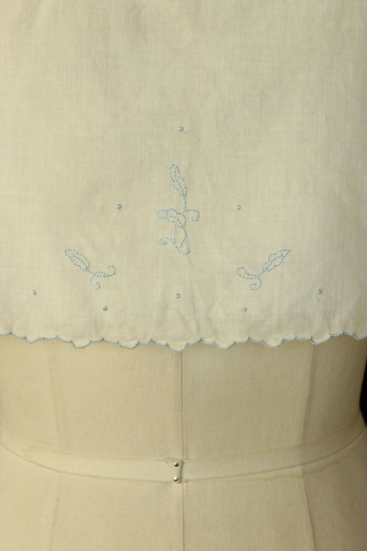 Vintage 1950s Baby Girls White Linen Dress with Blue Embroidery