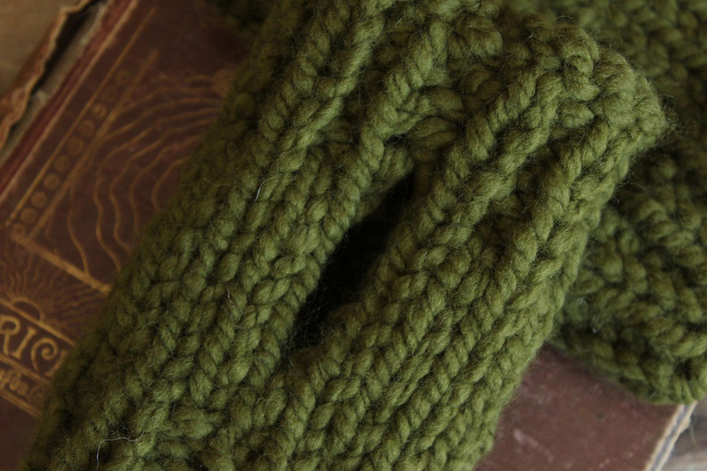 "Elderwood" Hand Knit Fingerless Gloves in Olive Green