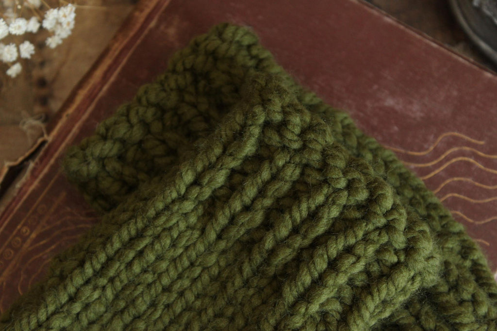 "Elderwood" Hand Knit Fingerless Gloves in Olive Green