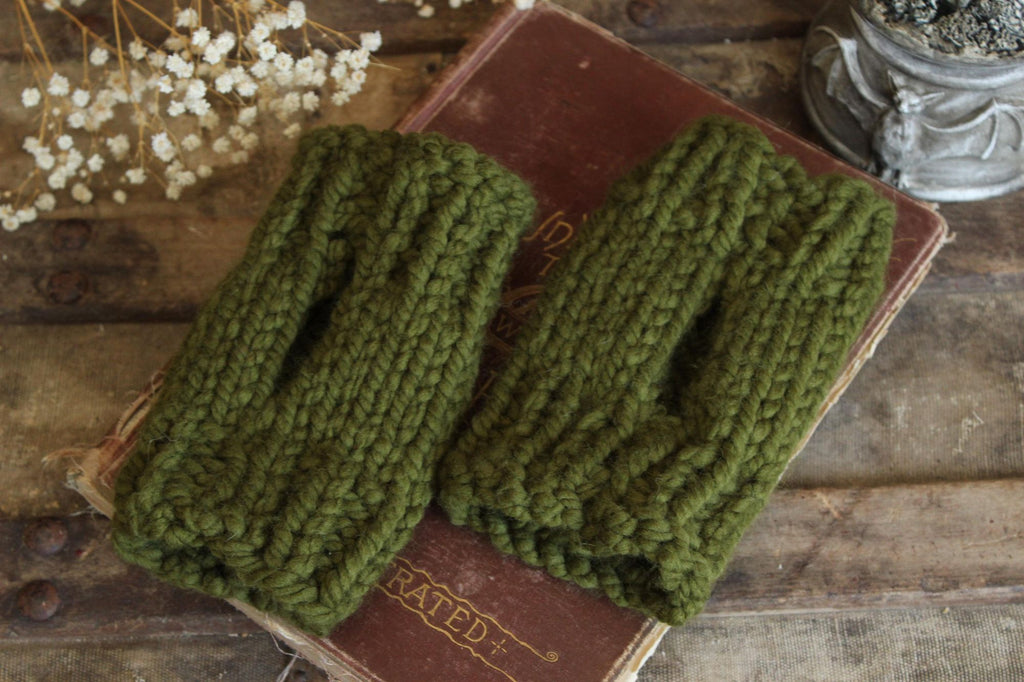 "Elderwood" Hand Knit Fingerless Gloves in Olive Green