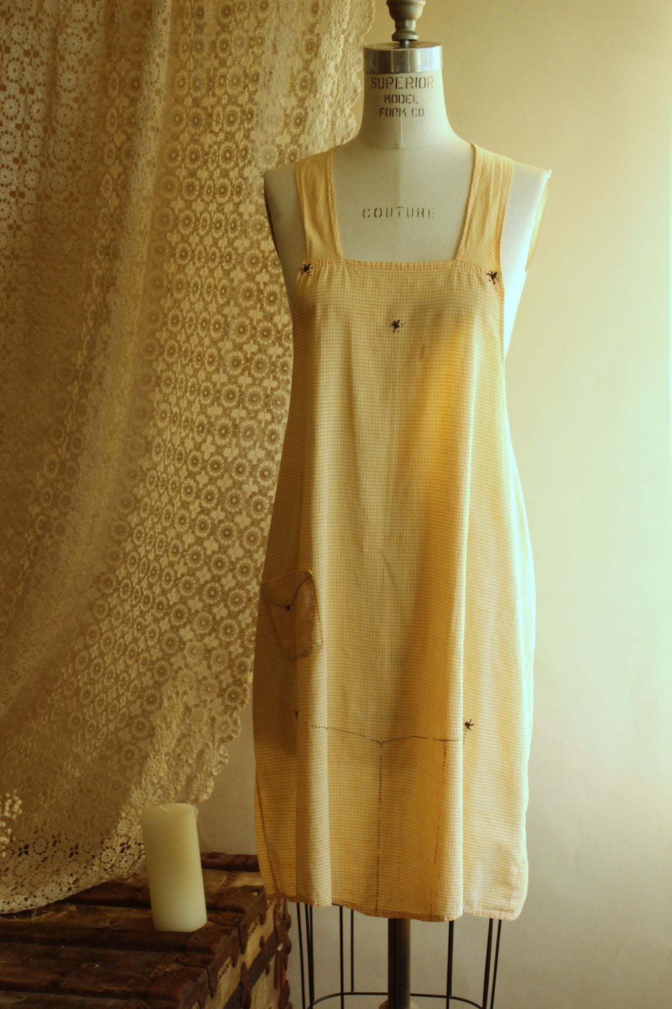 Vintage 1960s Orange Gingham Pinafore Apron With Pocket