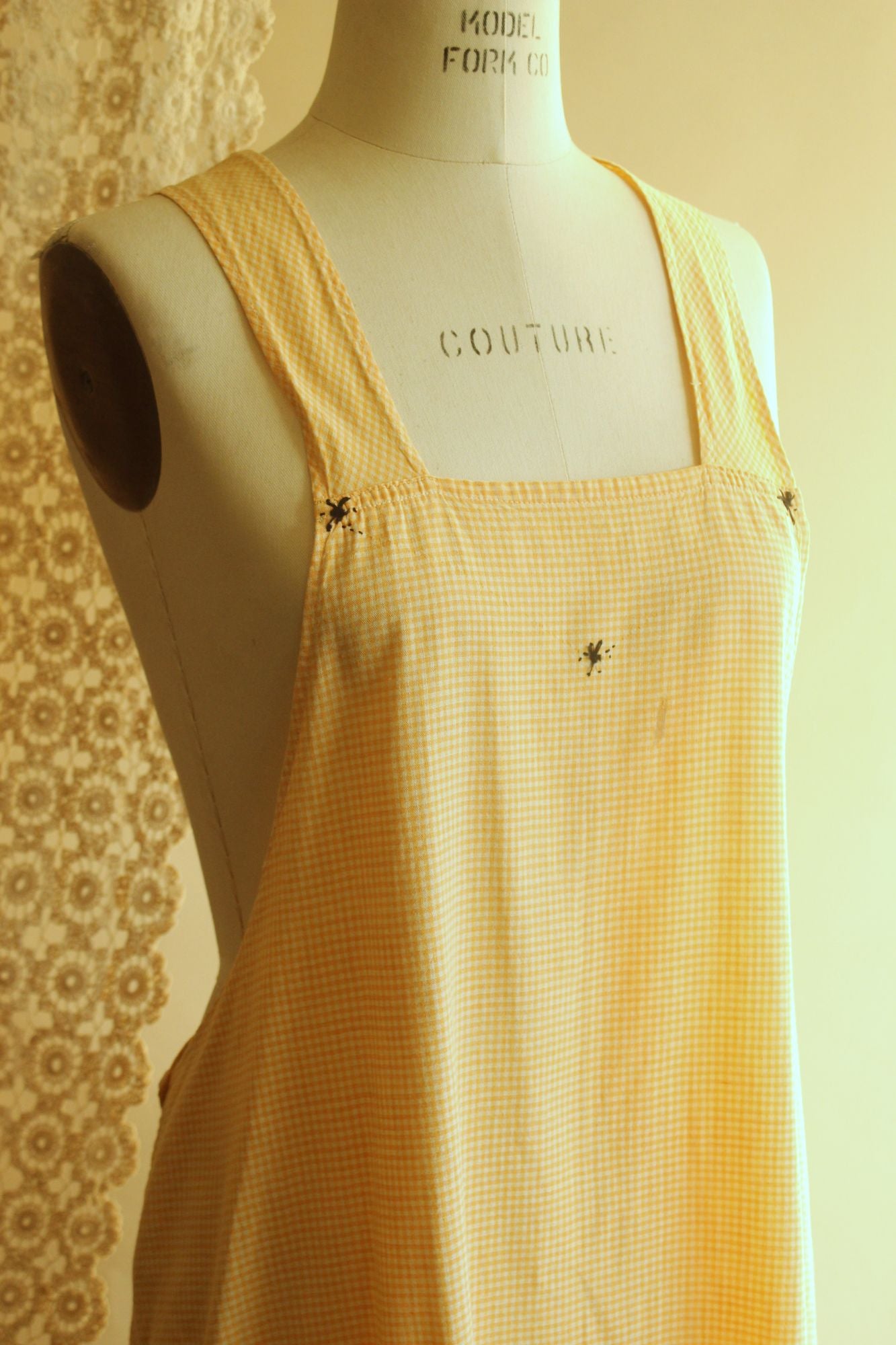 Vintage 1960s Orange Gingham Pinafore Apron With Pocket