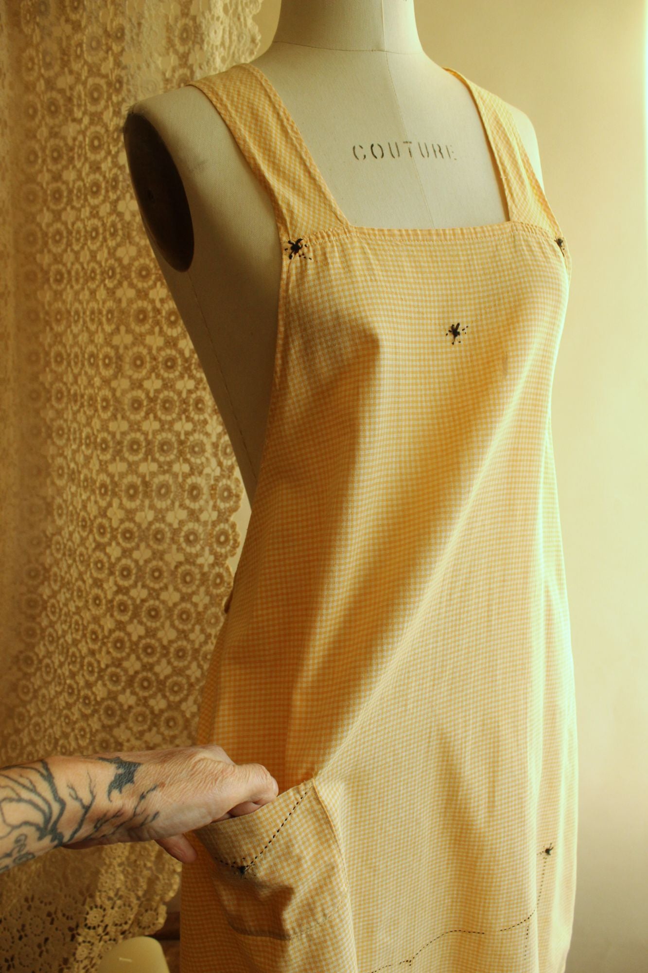 Vintage 1960s Orange Gingham Pinafore Apron With Pocket