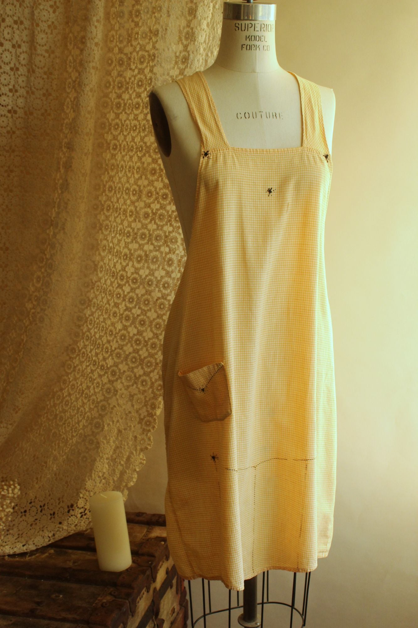 Vintage 1960s Orange Gingham Pinafore Apron With Pocket