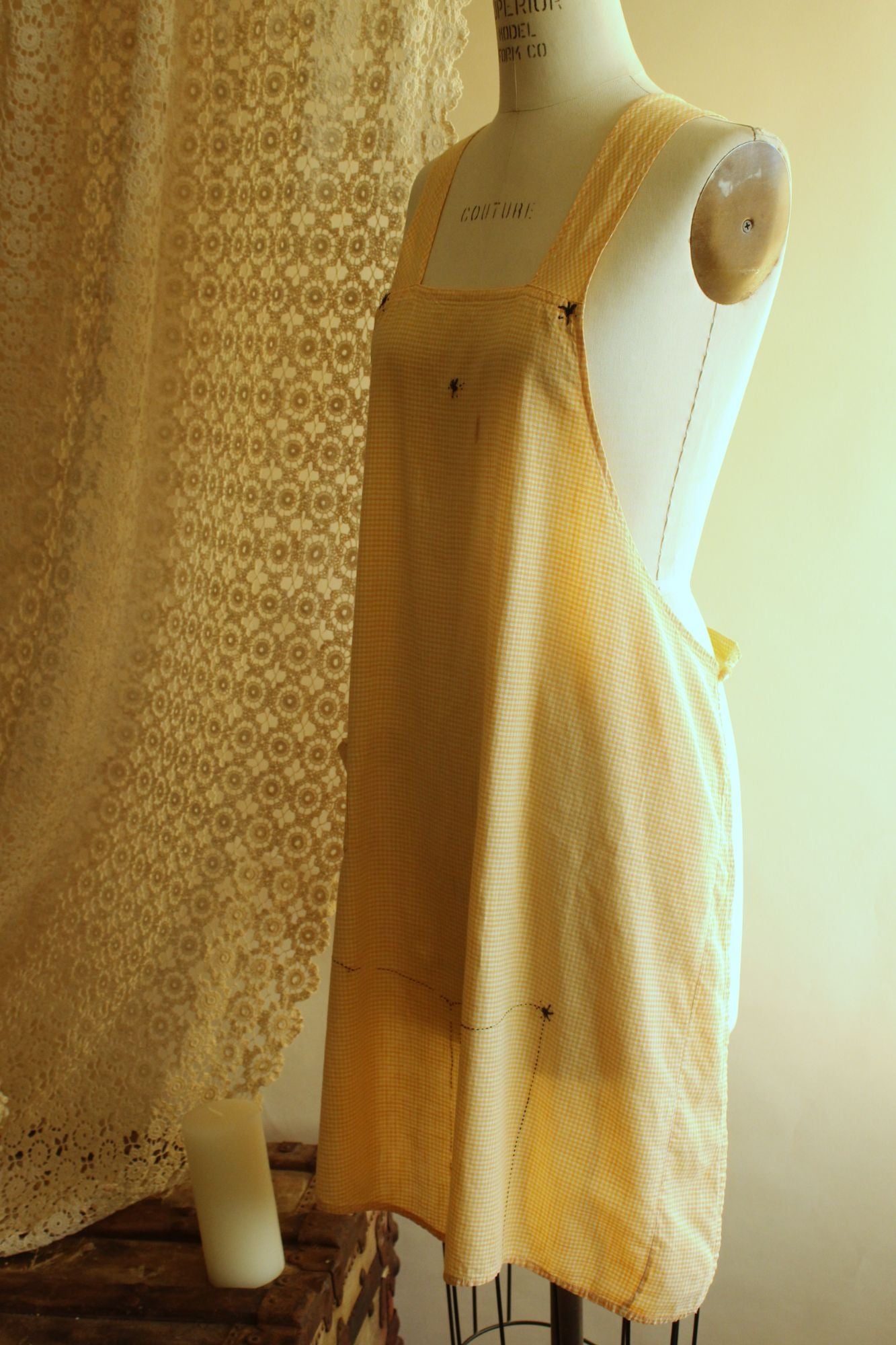 Vintage 1960s Orange Gingham Pinafore Apron With Pocket