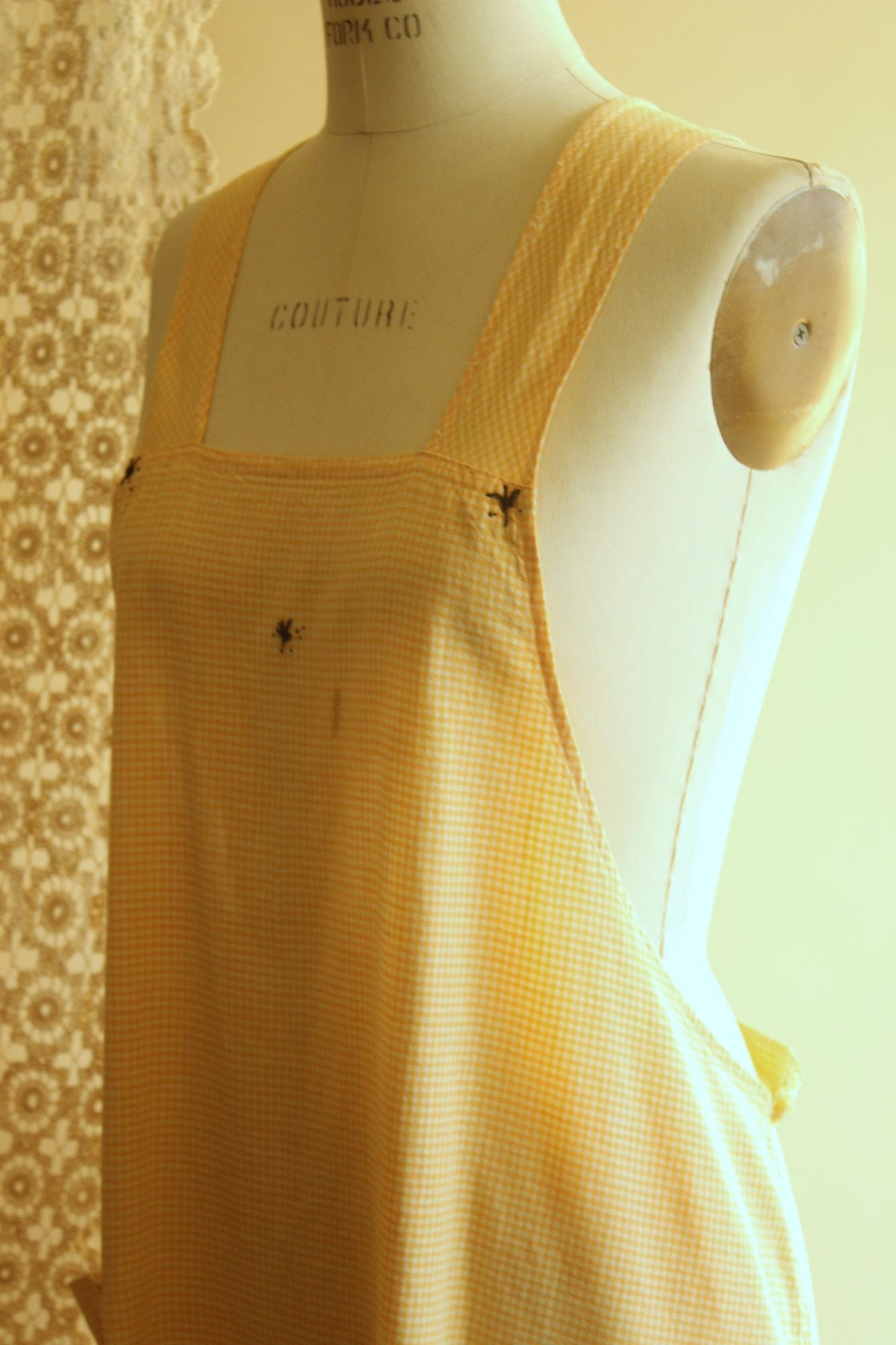 Vintage 1960s Orange Gingham Pinafore Apron With Pocket