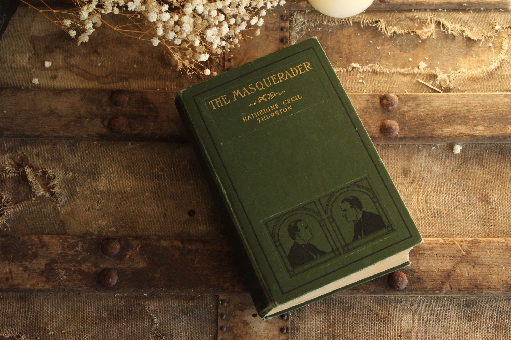 Vintage 1900s Book, "The Masquerader" by Katherine Cecil Thurston, Published by Harper & Bros., Green and Gold