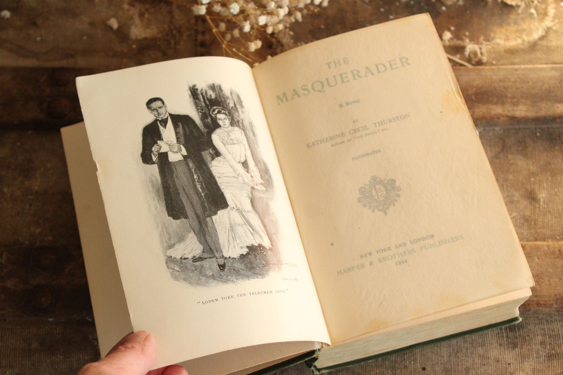 Vintage 1900s Book, "The Masquerader" by Katherine Cecil Thurston, Published by Harper & Bros., Green and Gold