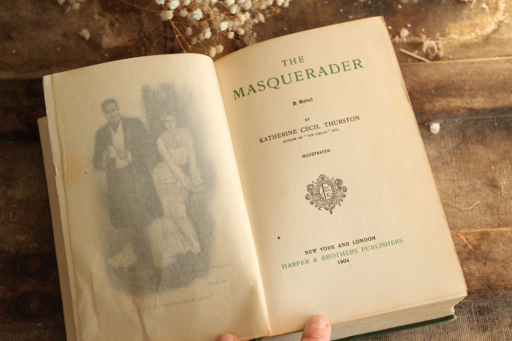 Vintage 1900s Book, "The Masquerader" by Katherine Cecil Thurston, Published by Harper & Bros., Green and Gold