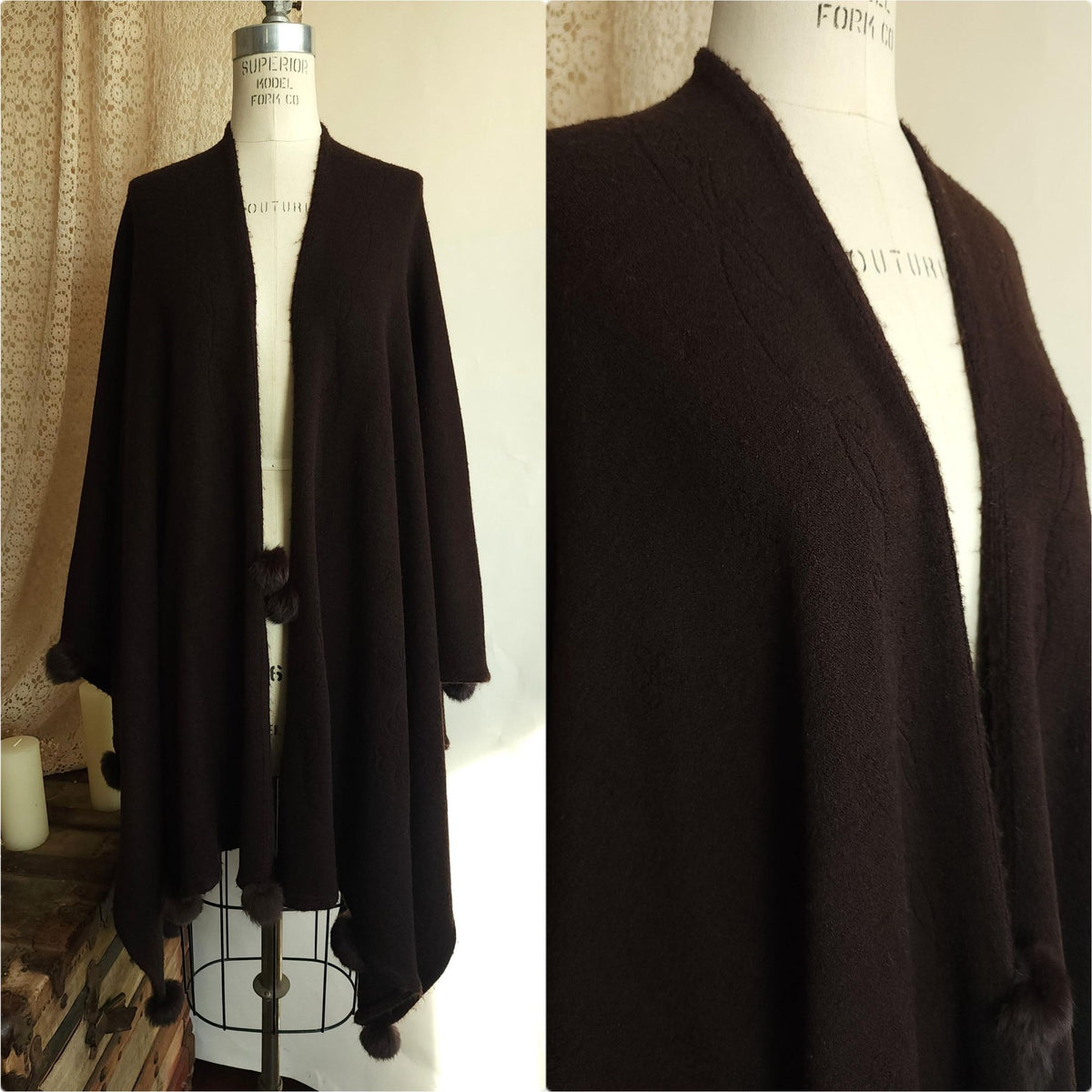 Vintage 1980s Dark Brown Wool Blend Cape or Ruana Wrap