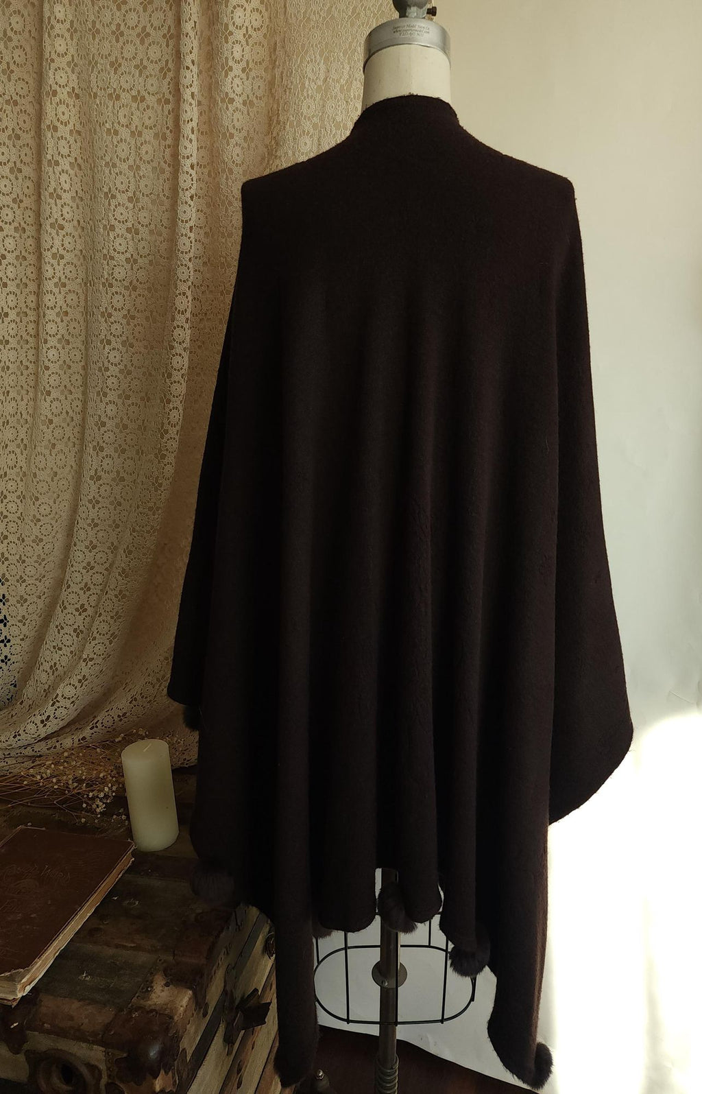 Vintage 1980s Dark Brown Wool Blend Cape or Ruana Wrap