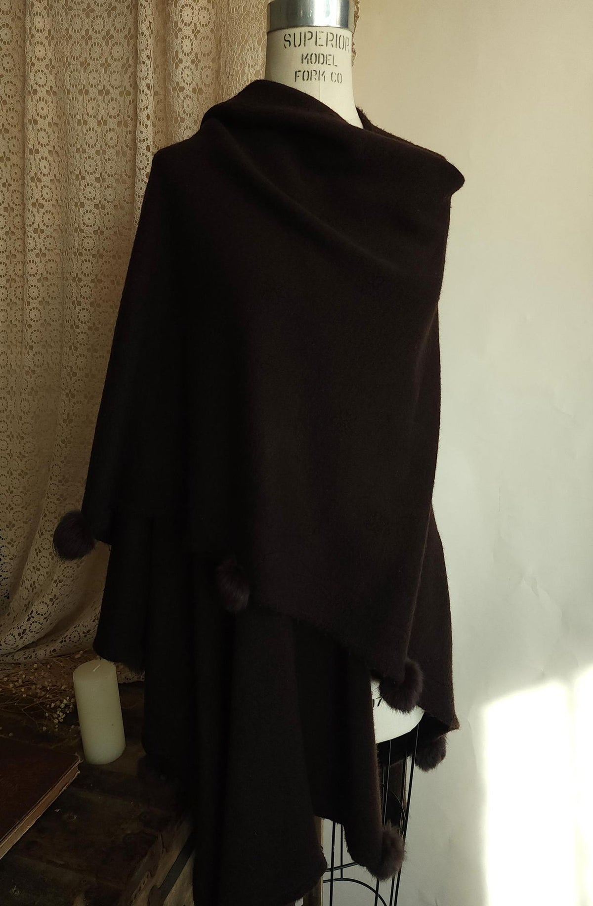 Vintage 1980s Dark Brown Wool Blend Cape or Ruana Wrap