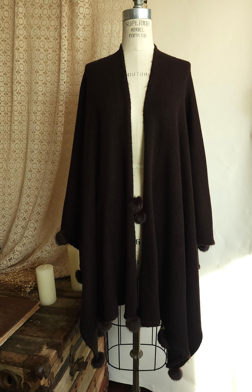 Vintage 1980s Dark Brown Wool Blend Cape or Ruana Wrap