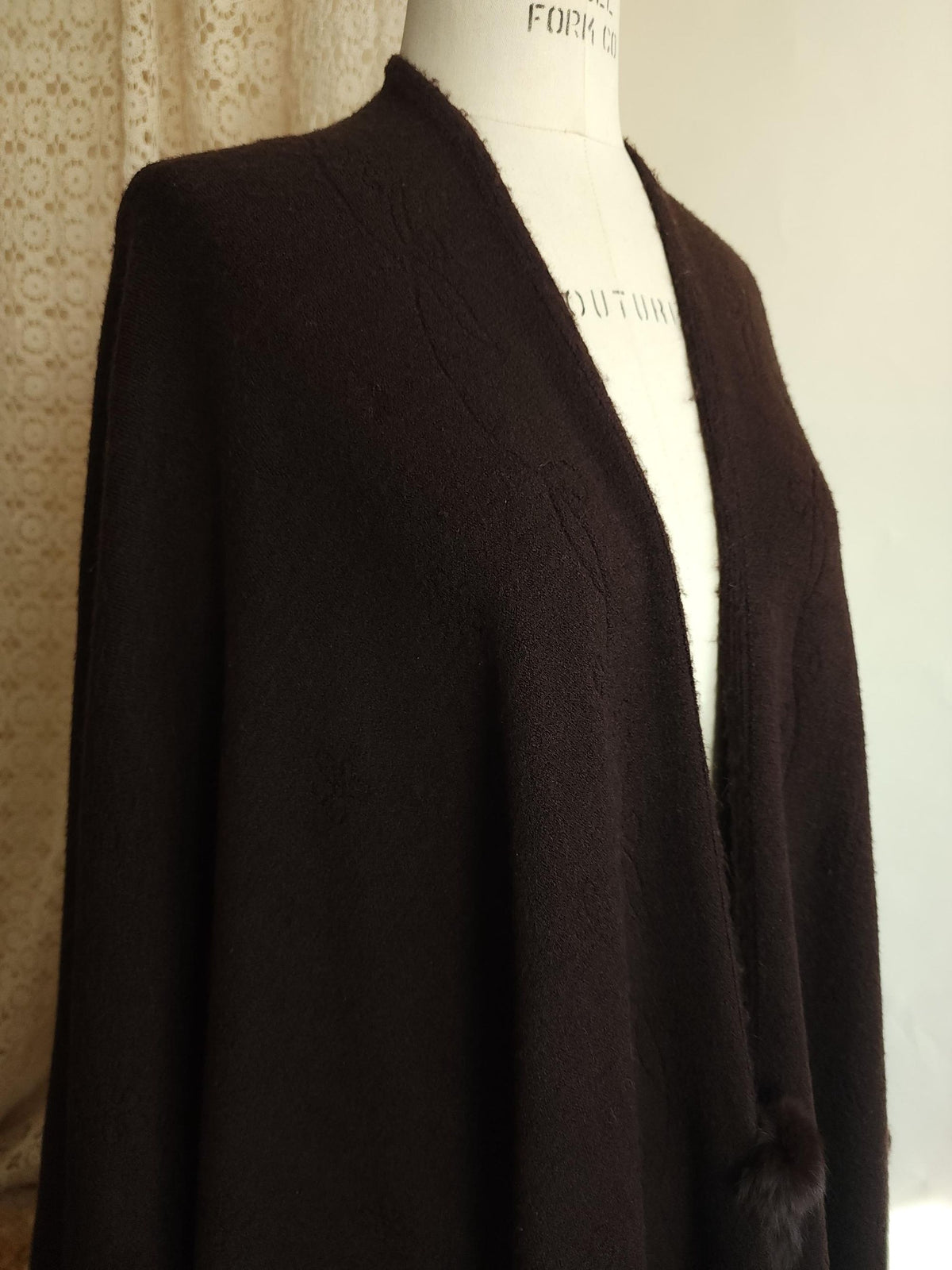 Vintage 1980s Dark Brown Wool Blend Cape or Ruana Wrap