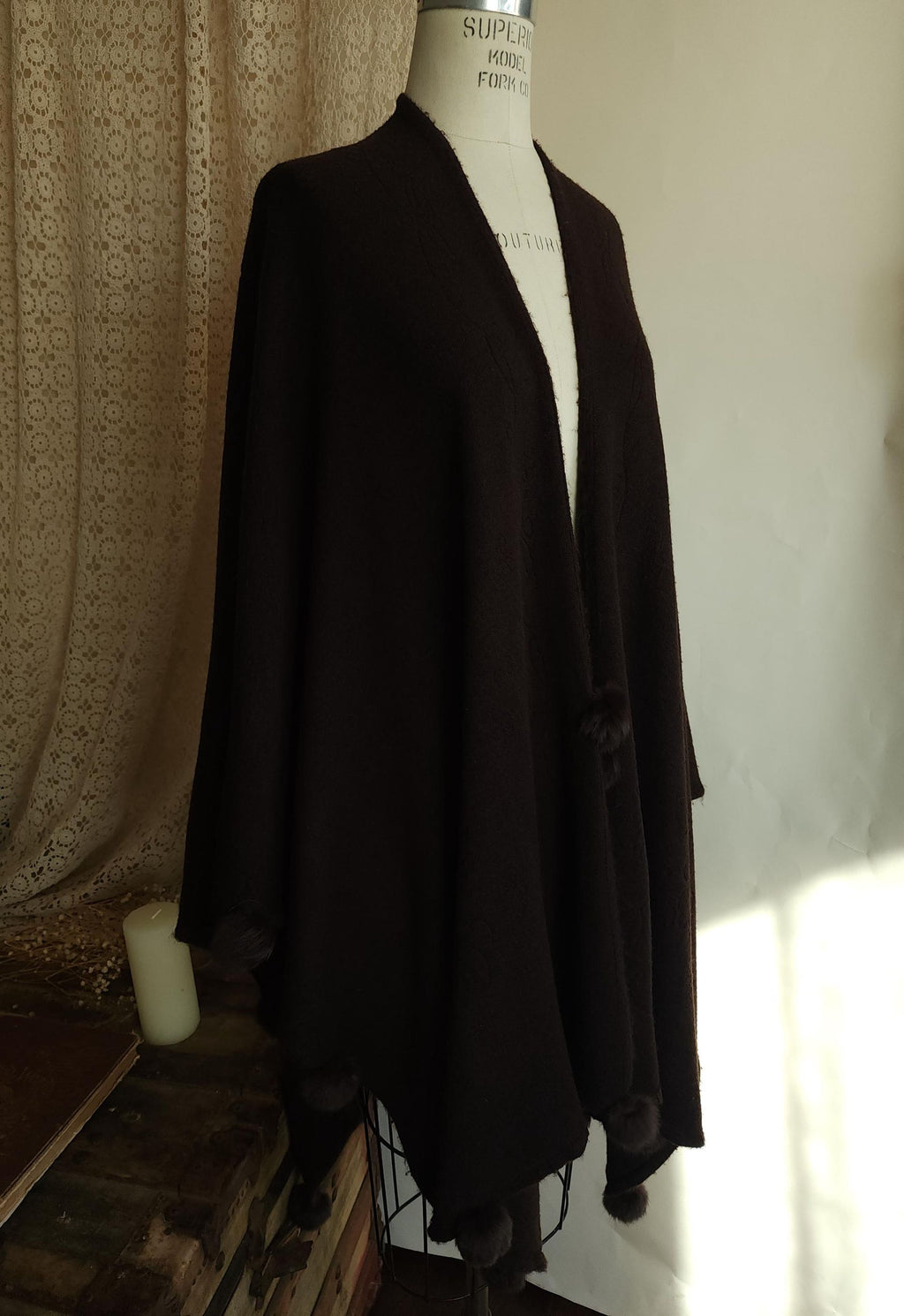 Vintage 1980s Dark Brown Wool Blend Cape or Ruana Wrap
