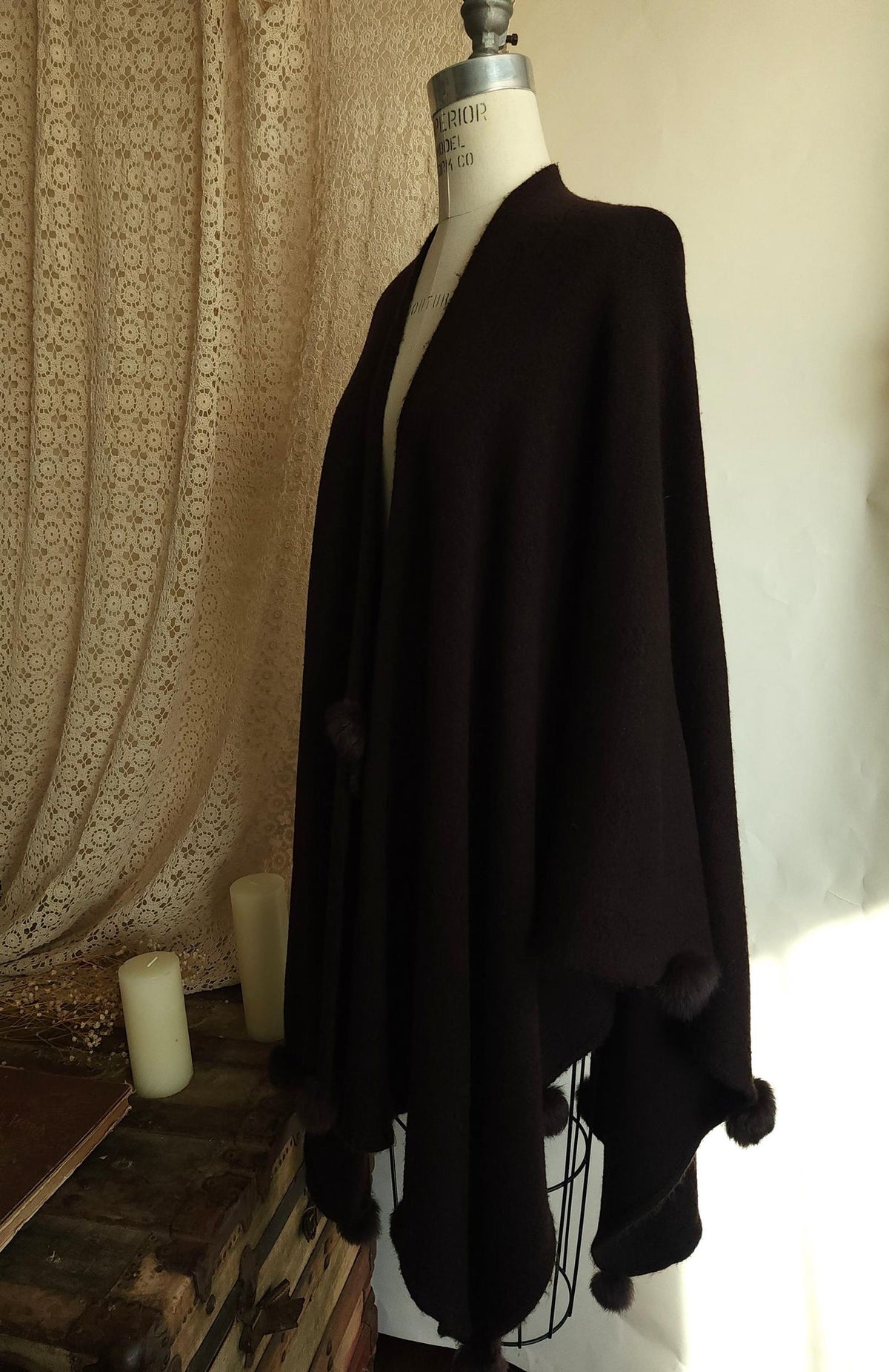Vintage 1980s Dark Brown Wool Blend Cape or Ruana Wrap