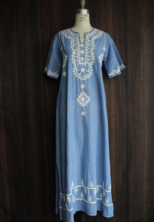 Vintage 1970s Blue Caftan Maxi Dress with White Embroidery