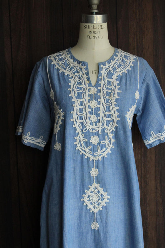 Vintage 1970s Blue Caftan Maxi Dress with White Embroidery