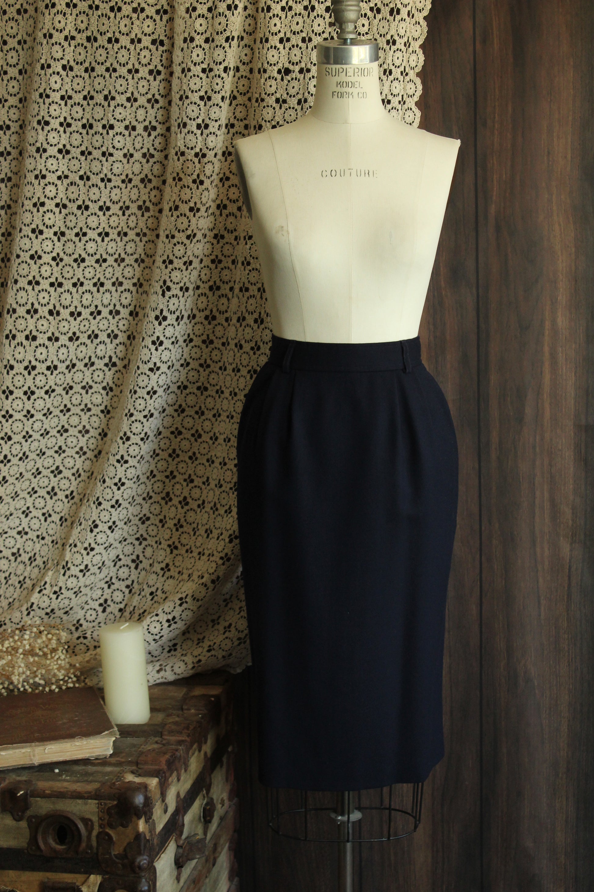 Vintage 1990s Evan Picone Blue Wool Pencil Skirt with Pockets