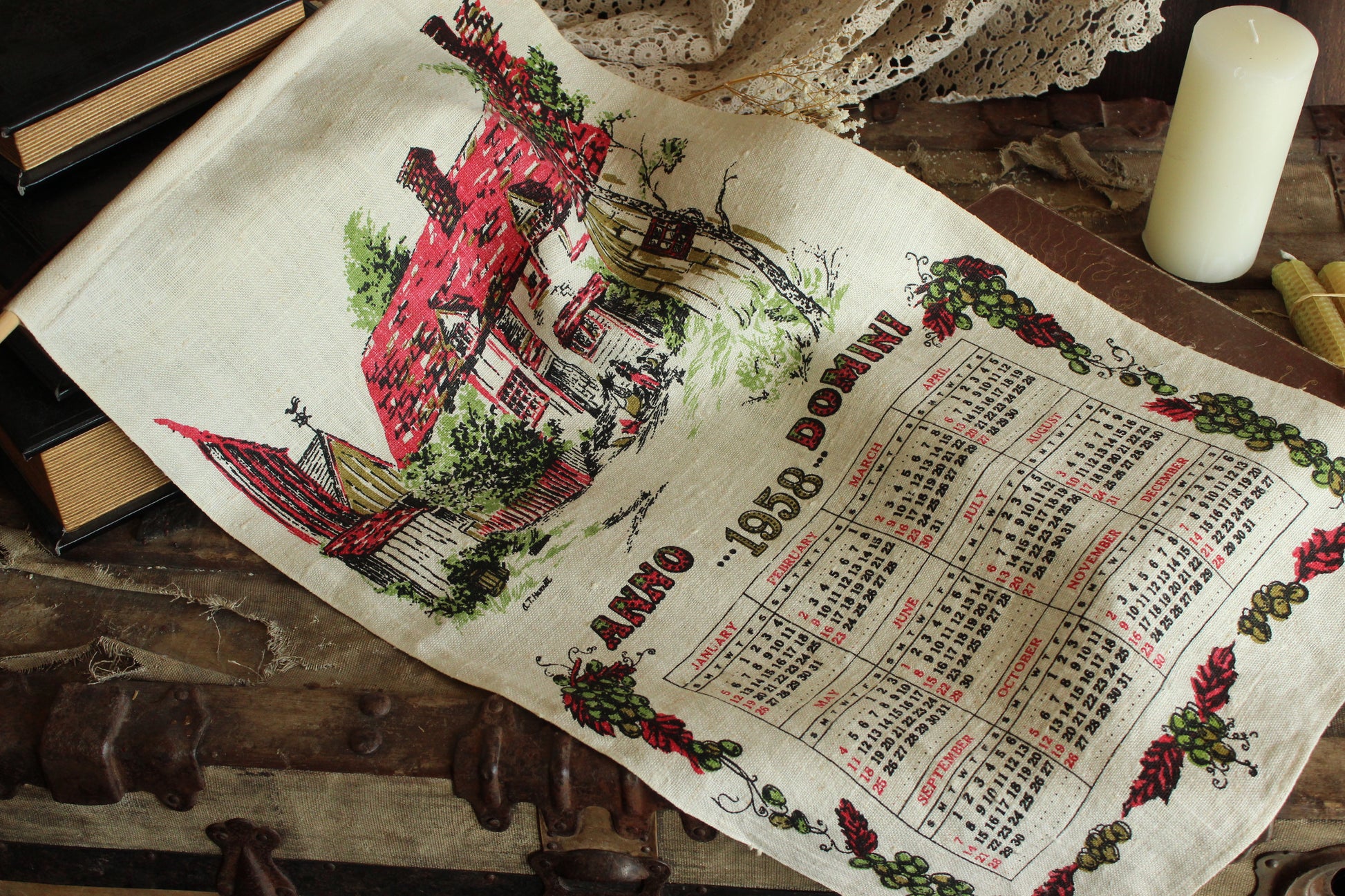 Vintage 1958 Stevens Linen Calendar Towel