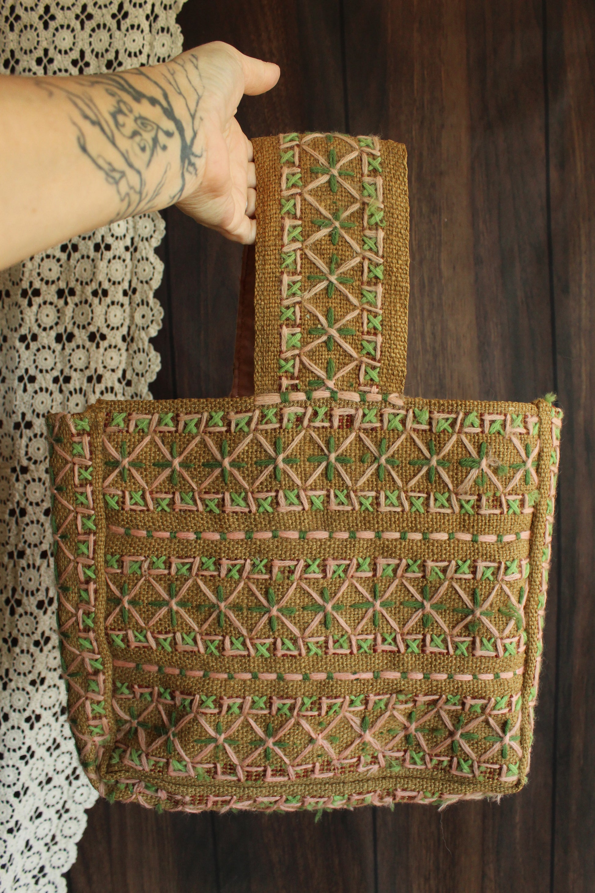 Vintage 1960s 1970s Embroidered Burlap Bag