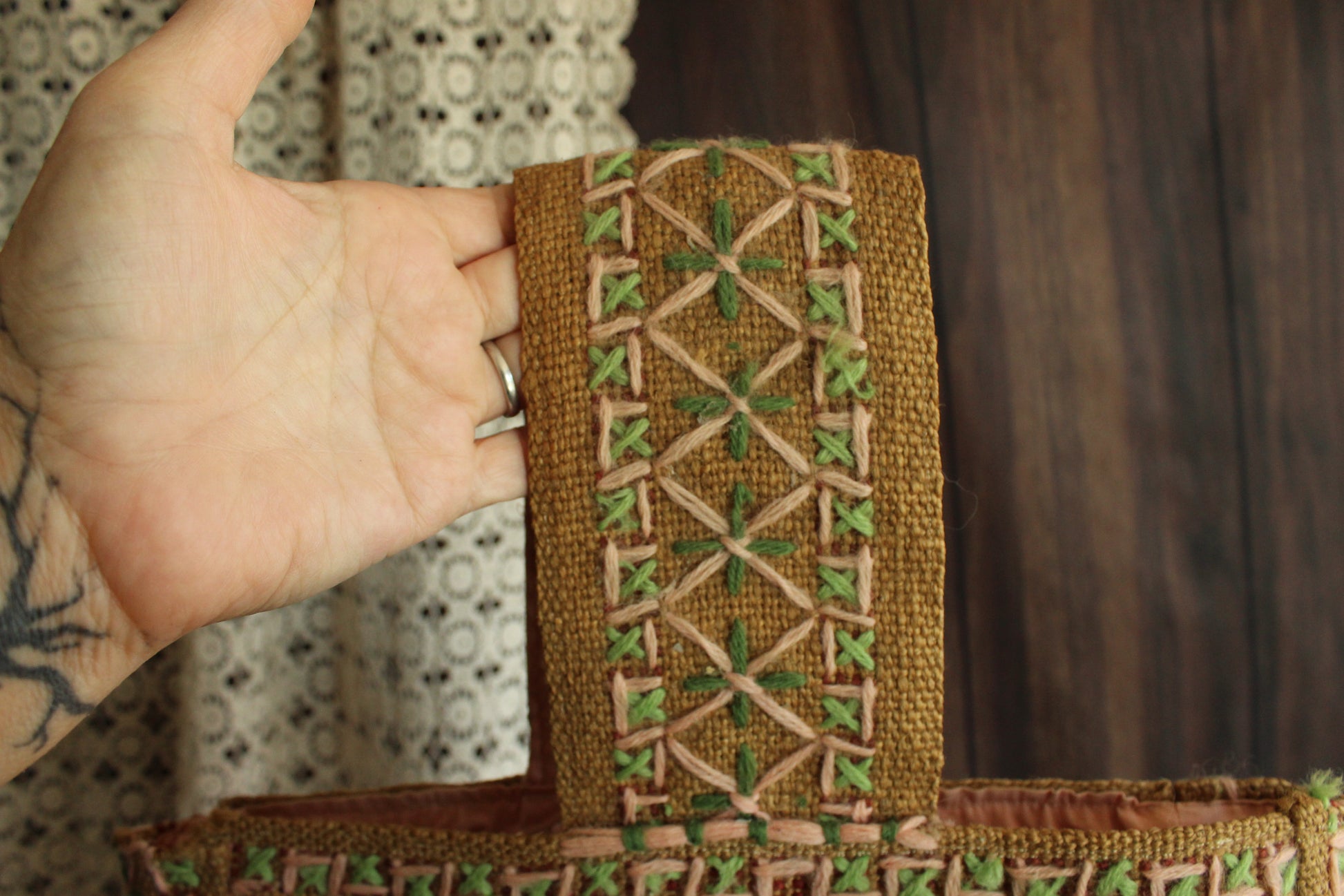 Vintage 1960s 1970s Embroidered Burlap Bag