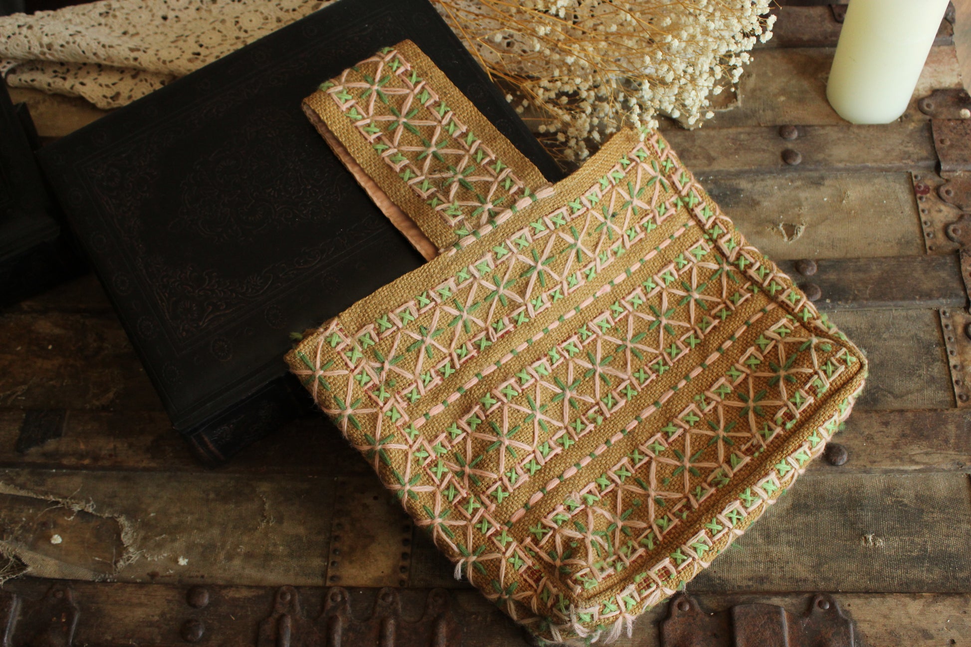 Vintage 1960s 1970s Embroidered Burlap Bag