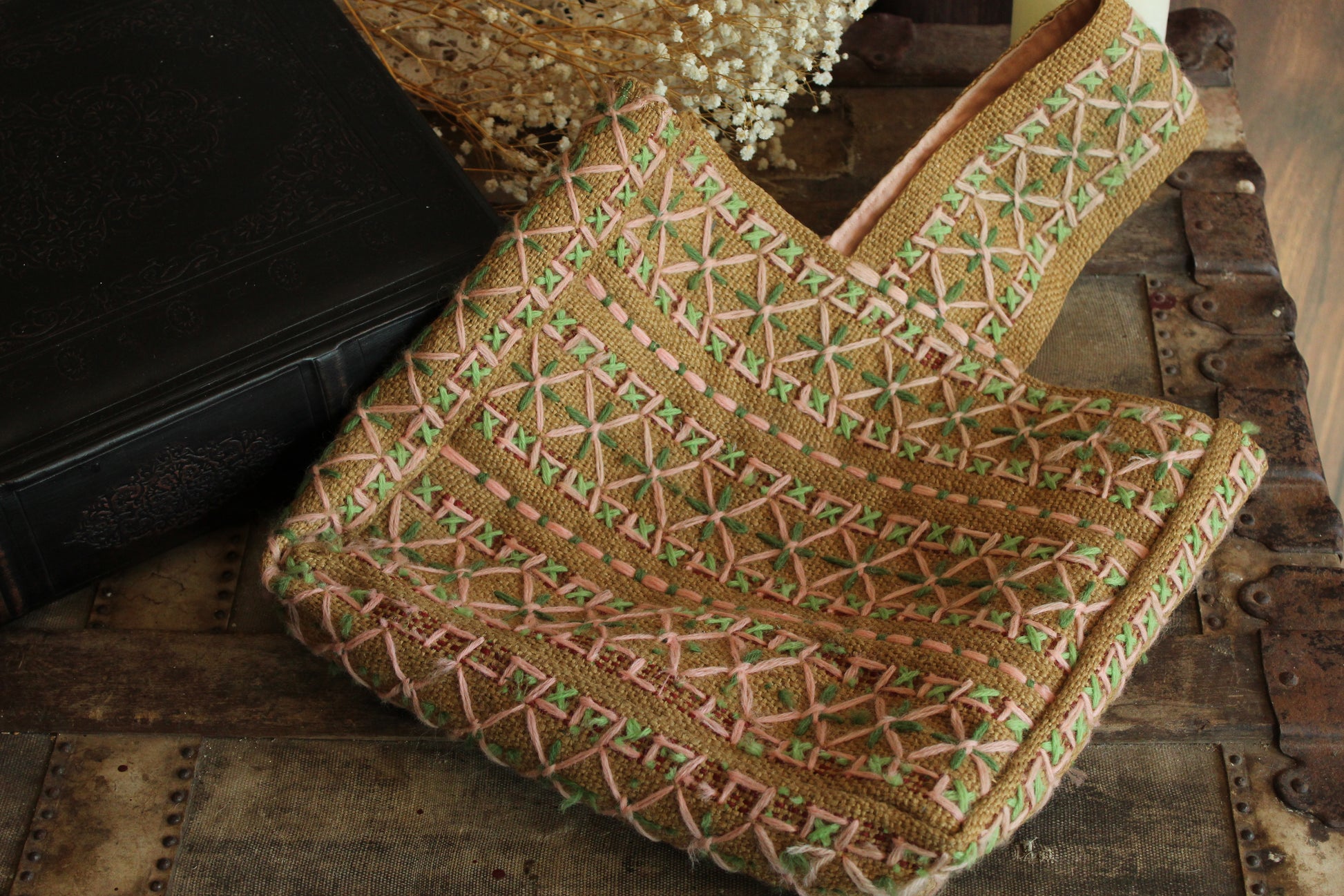 Vintage 1960s 1970s Embroidered Burlap Bag