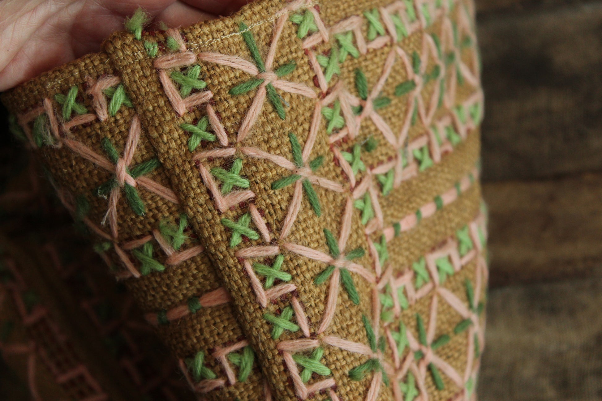 Vintage 1960s 1970s Embroidered Burlap Bag