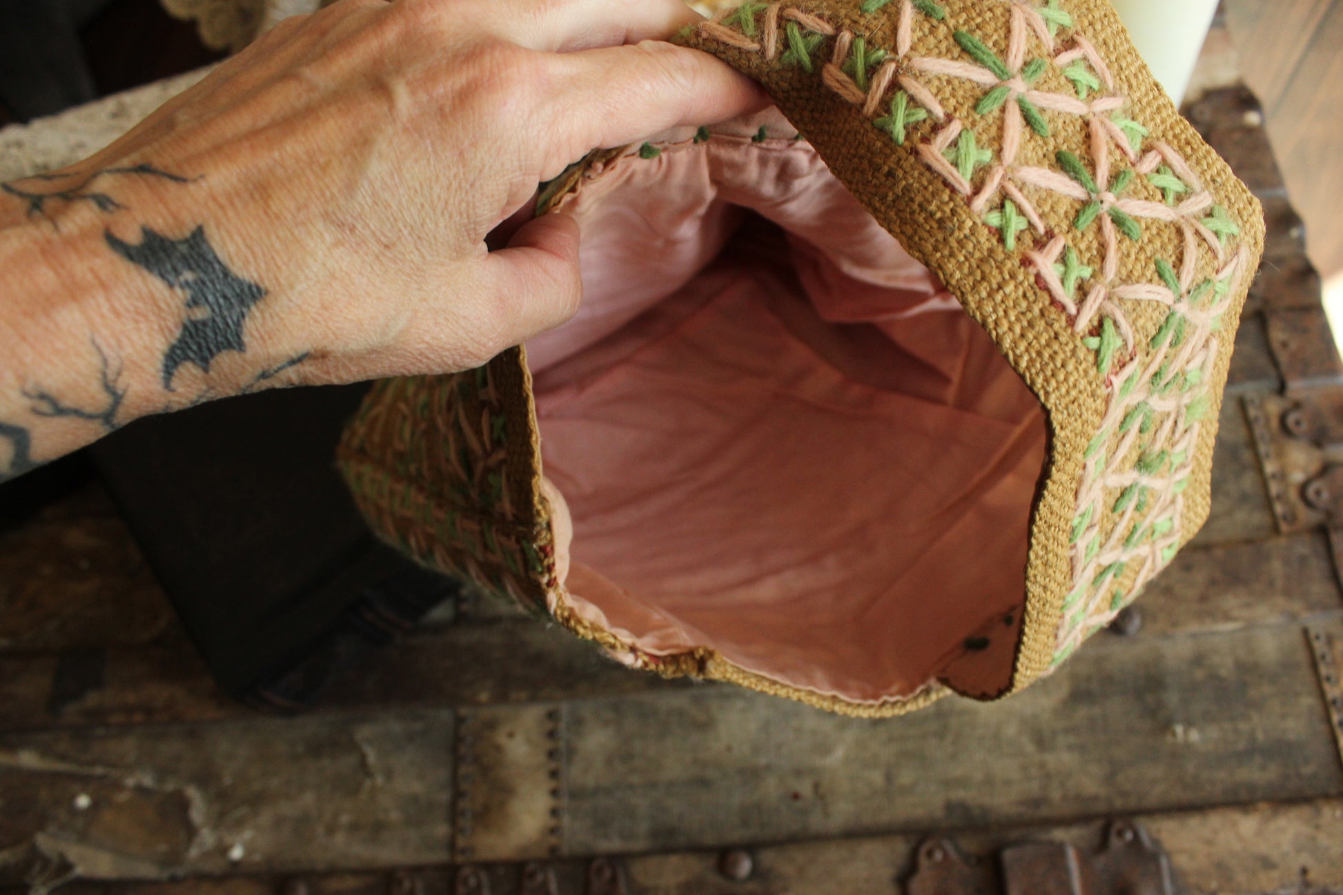 Vintage 1960s 1970s Embroidered Burlap Bag