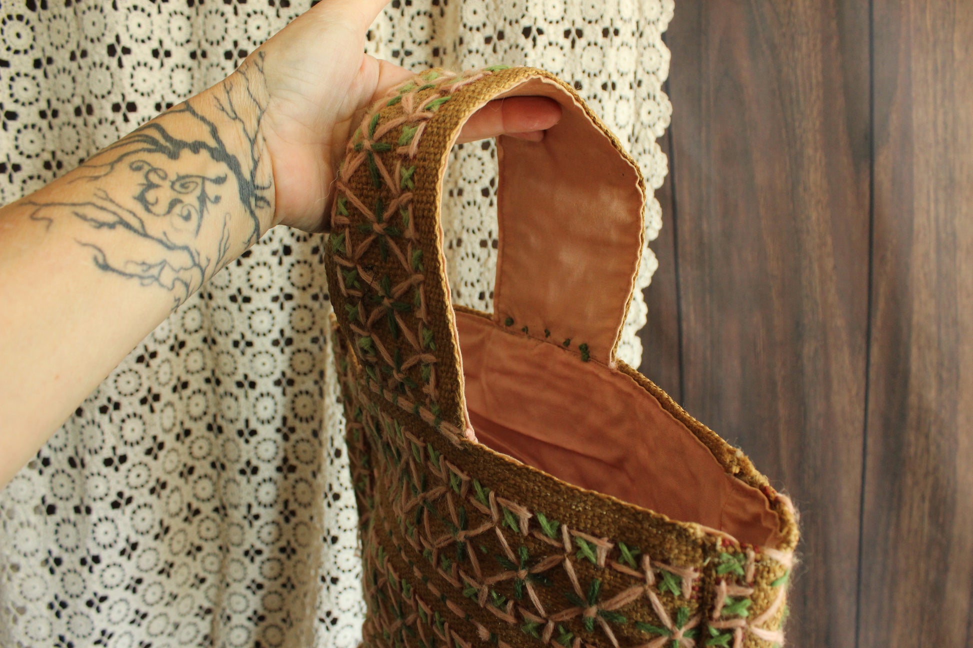 Vintage 1960s 1970s Embroidered Burlap Bag