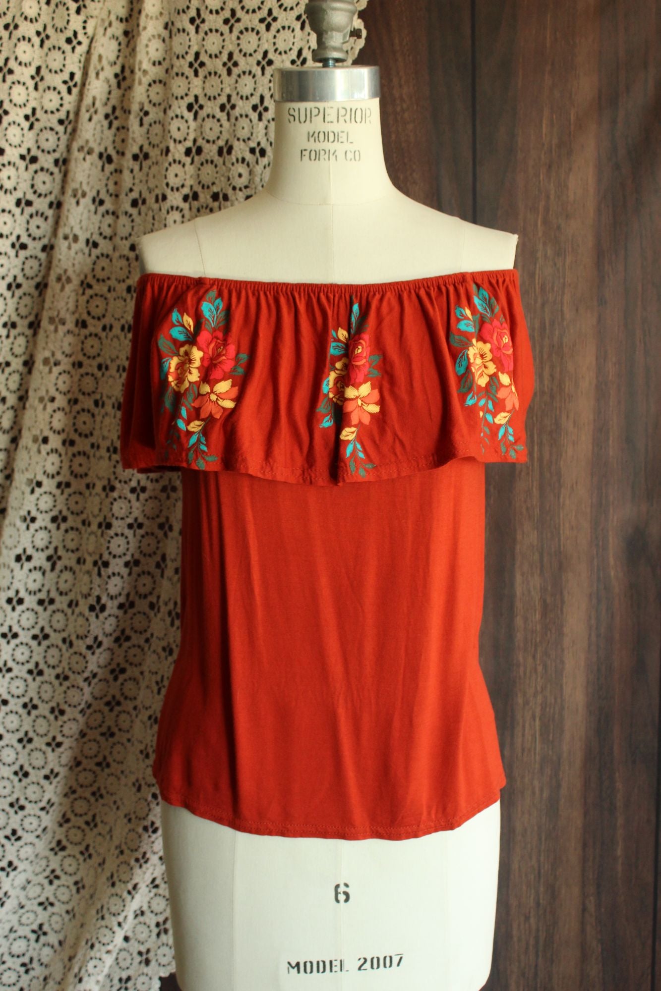Atmosphere Womens Top, Size 4, Dark Orange Embroidered Mexican Peasant Style