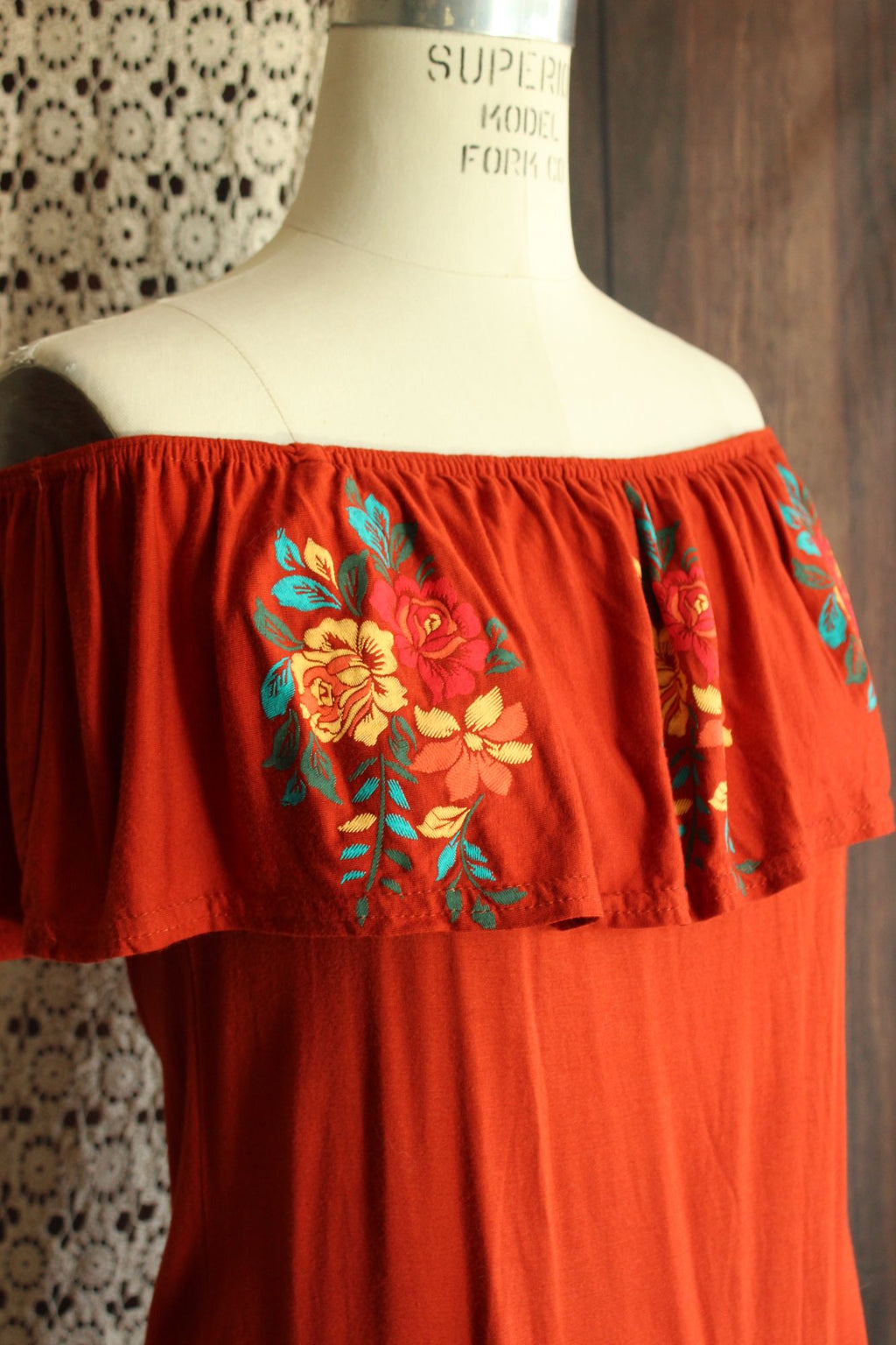 Atmosphere Womens Top, Size 4, Dark Orange Embroidered Mexican Peasant Style