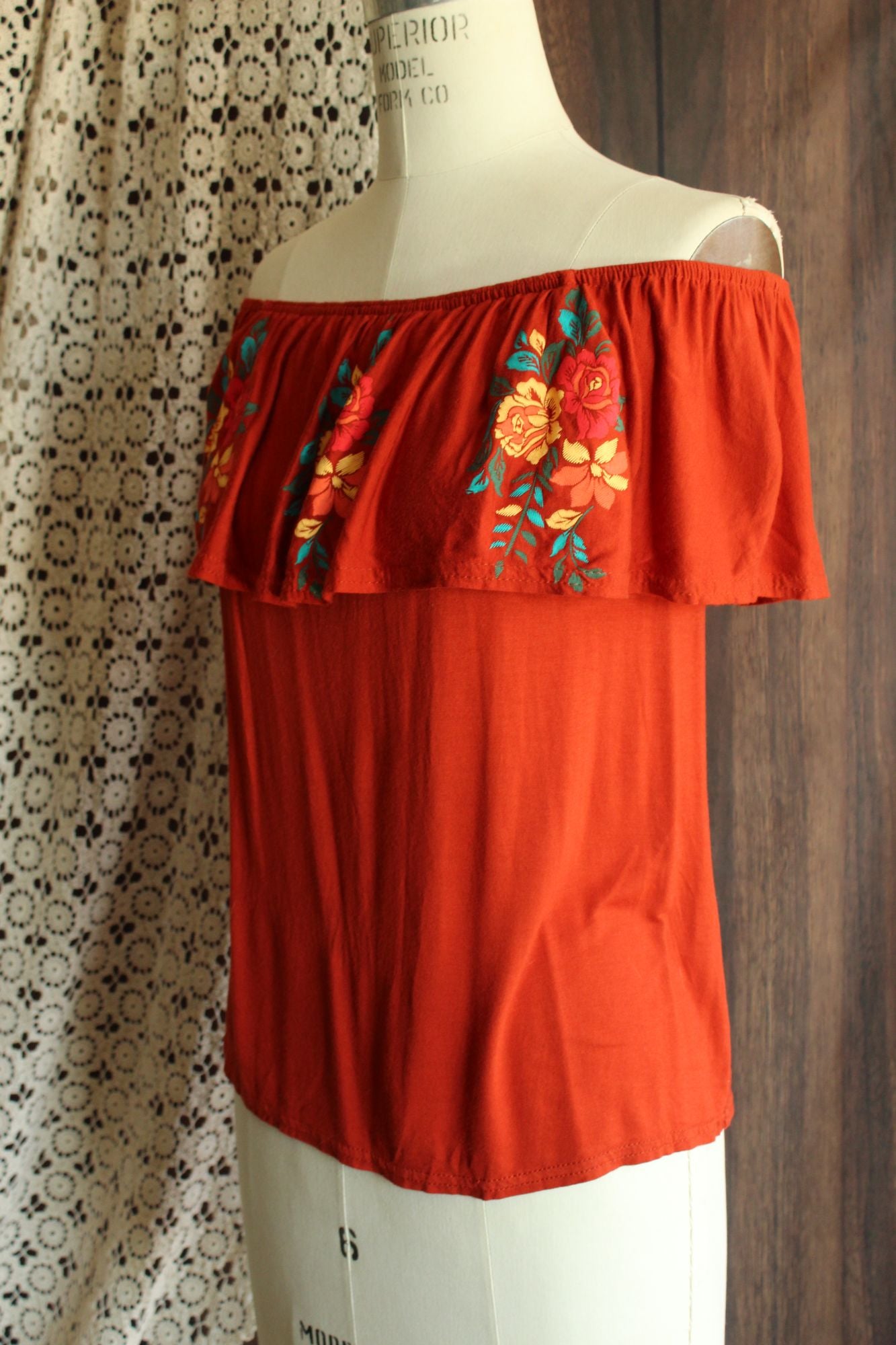 Atmosphere Womens Top, Size 4, Dark Orange Embroidered Mexican Peasant Style