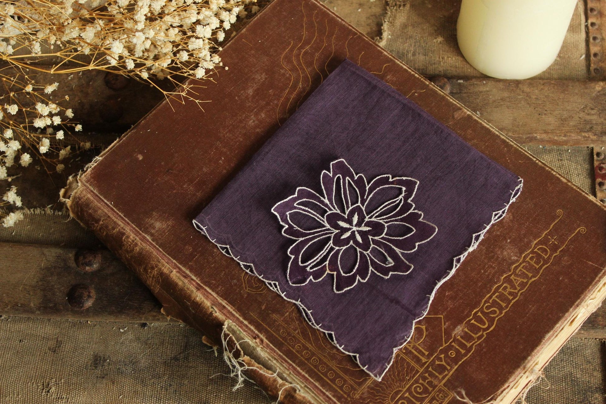 Vintage Purple Handkerchief with Floral Applique