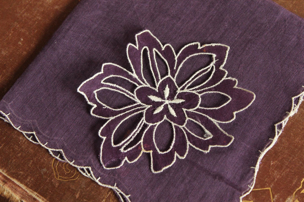 Vintage Purple Handkerchief with Floral Applique