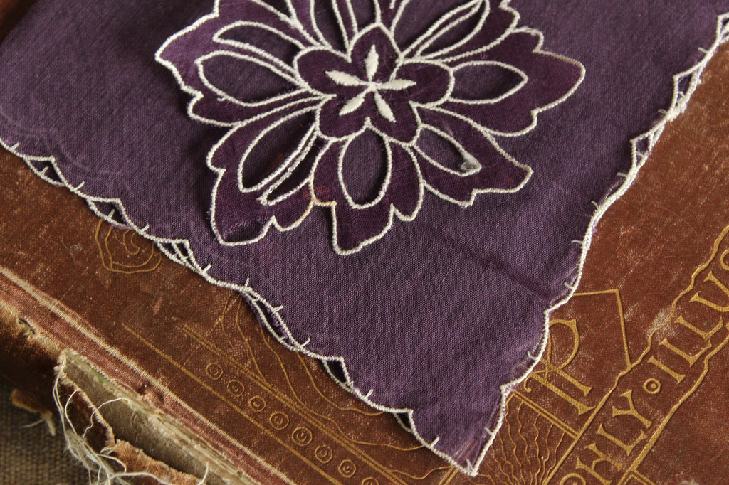 Vintage Purple Handkerchief with Floral Applique