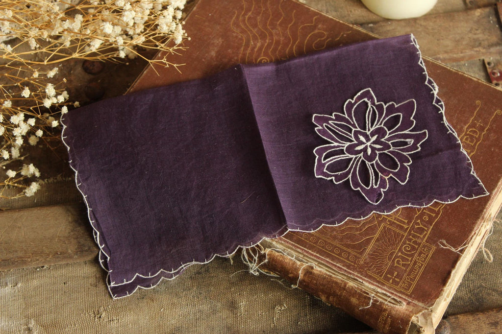Vintage Purple Handkerchief with Floral Applique