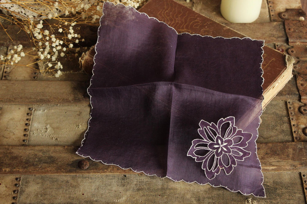 Vintage Purple Handkerchief with Floral Applique