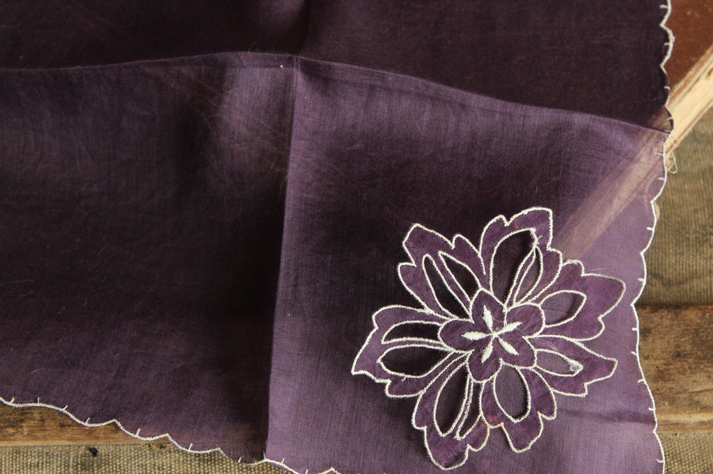 Vintage Purple Handkerchief with Floral Applique