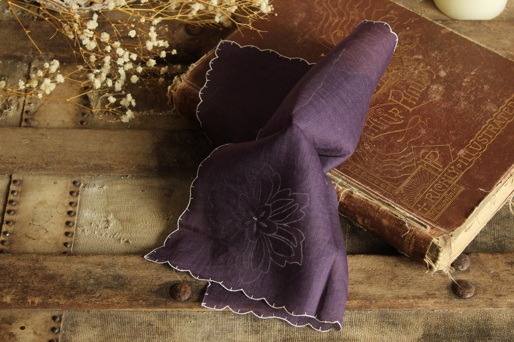 Vintage Purple Handkerchief with Floral Applique