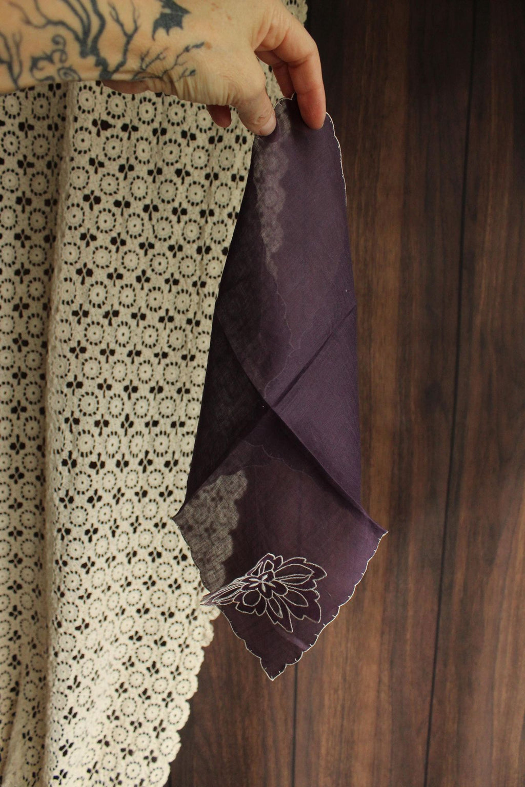 Vintage Purple Handkerchief with Floral Applique
