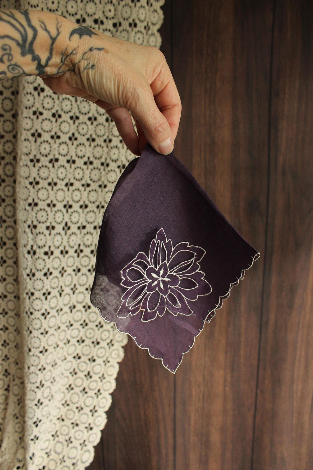 Vintage Purple Handkerchief with Floral Applique