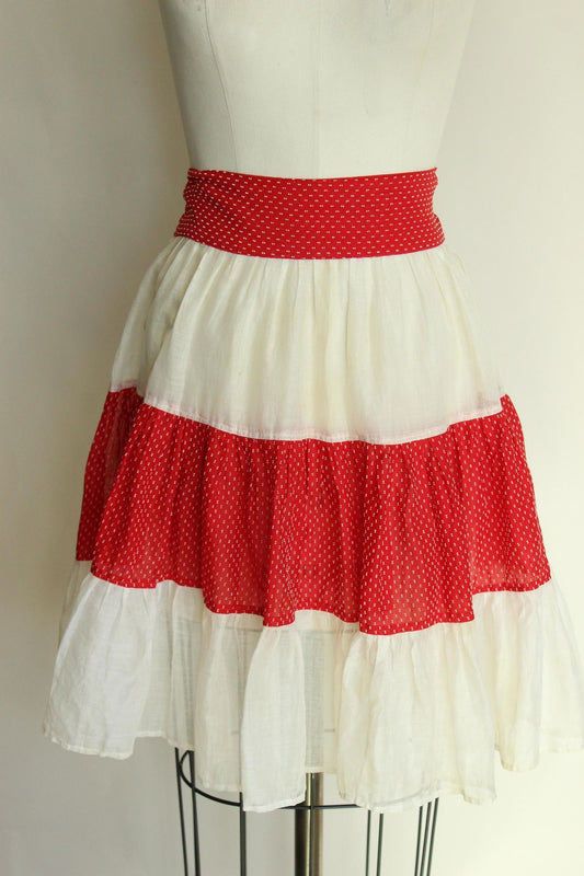 Vintage 1950s White Cotton Organdy Half Apron with Red and White Trim
