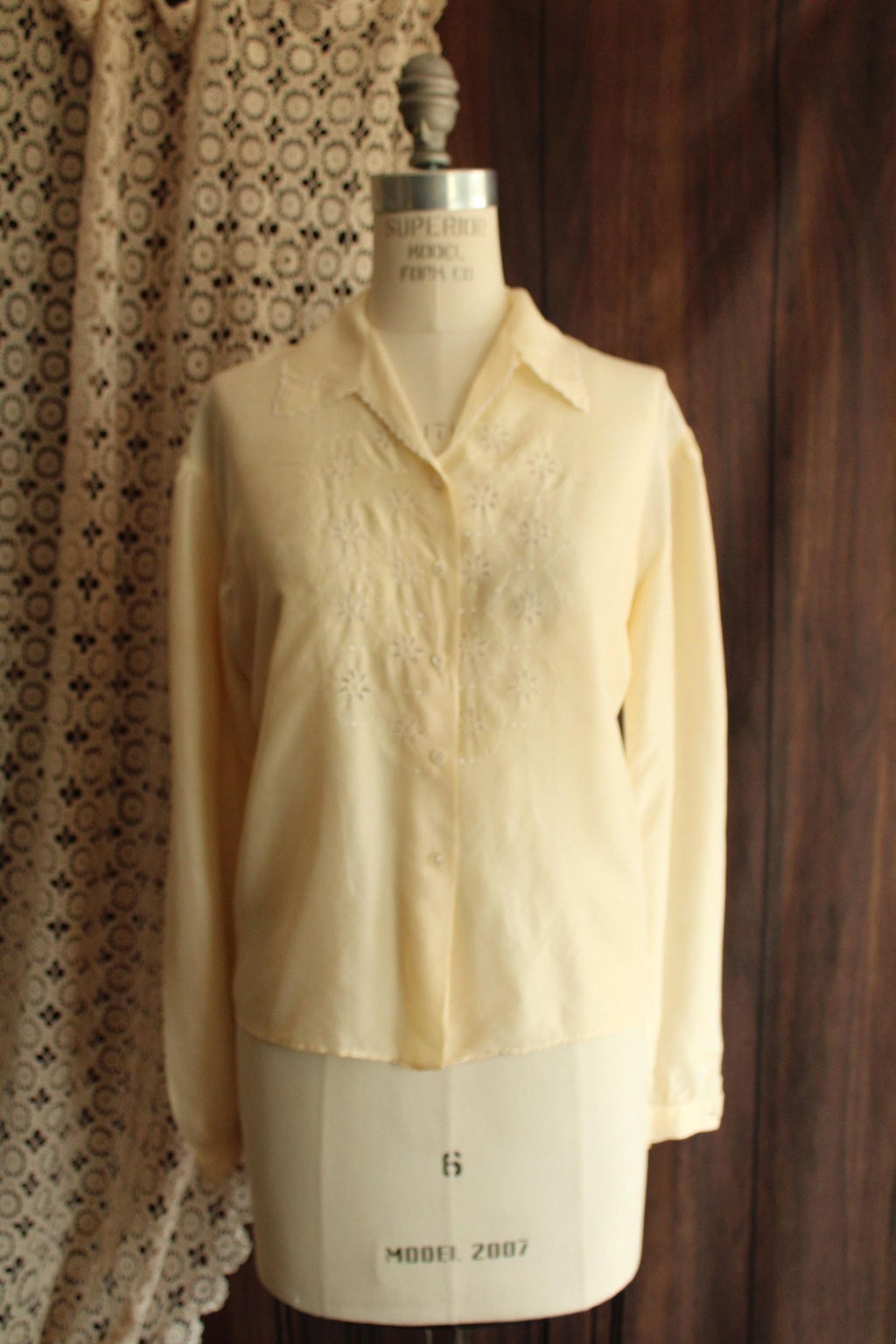 Vintage 1930s Yellow Silk Blouse with White Eyelet Embroidery