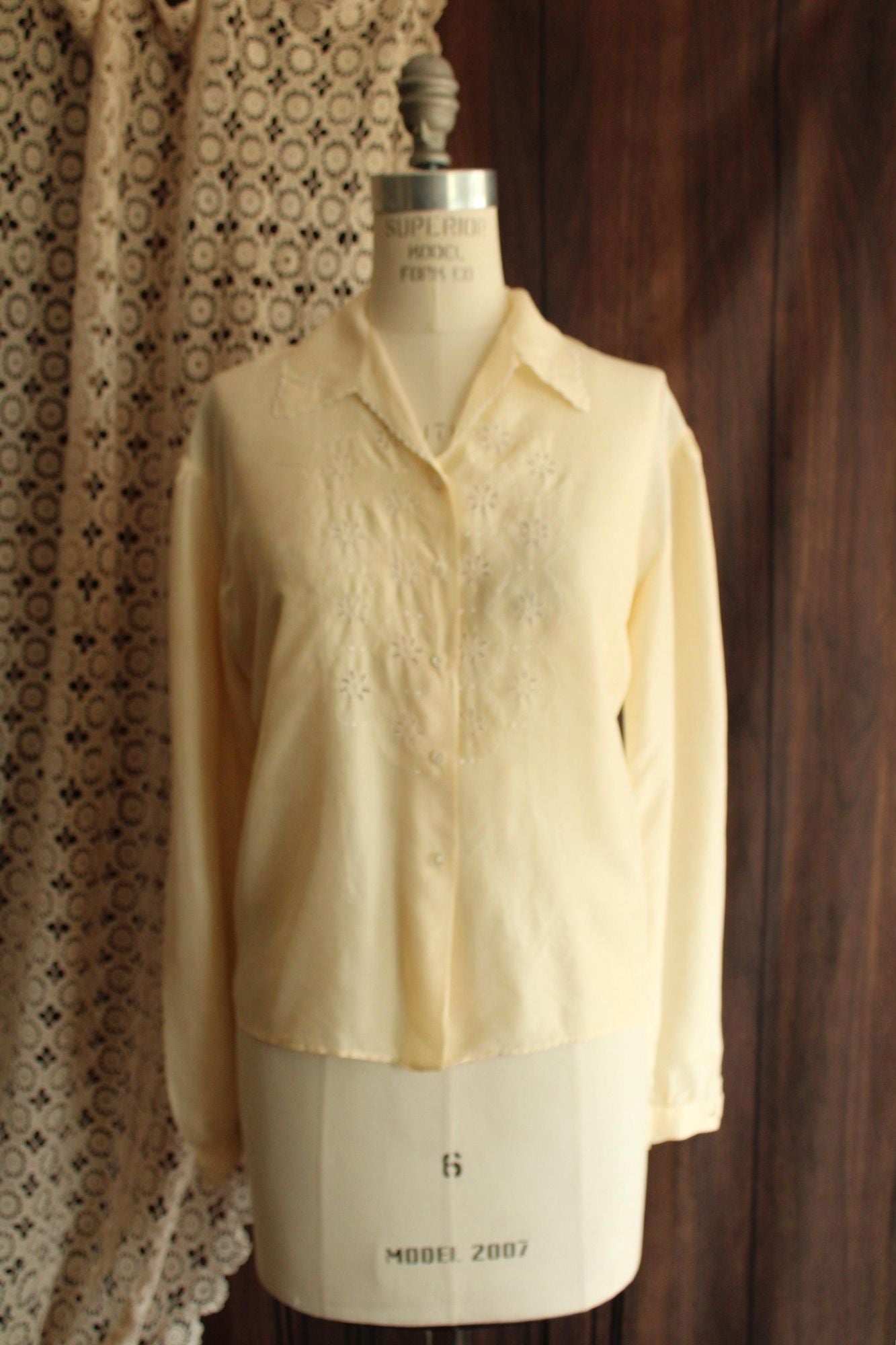 Vintage 1930s Yellow Silk Blouse with White Eyelet Embroidery