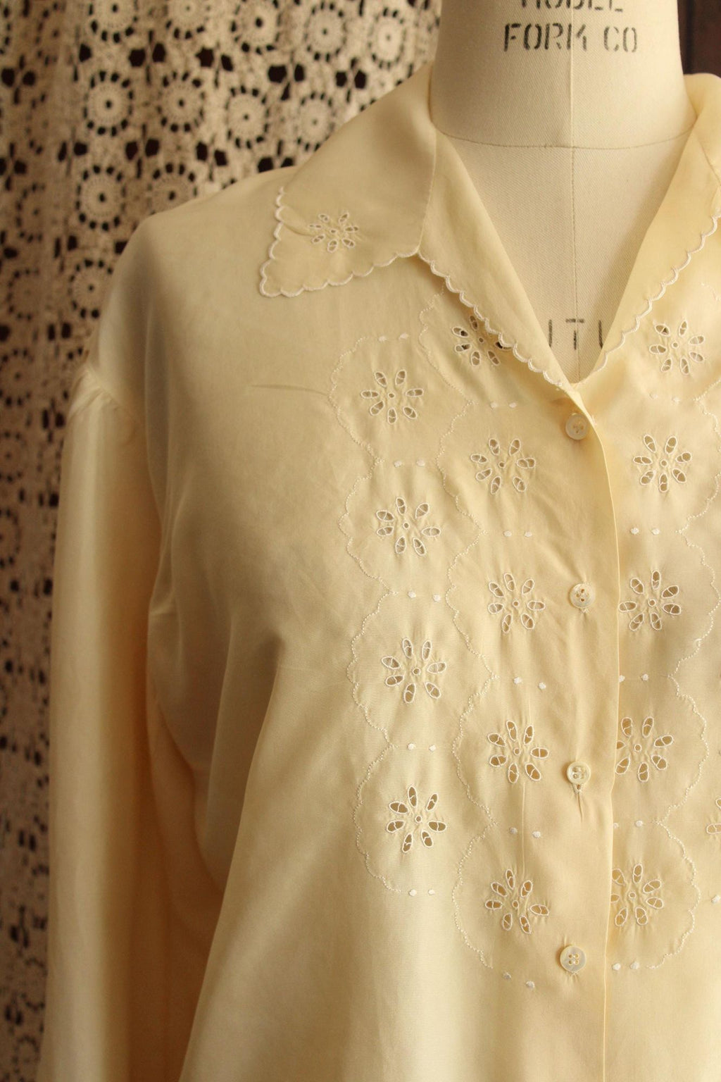 Vintage 1930s Yellow Silk Blouse with White Eyelet Embroidery
